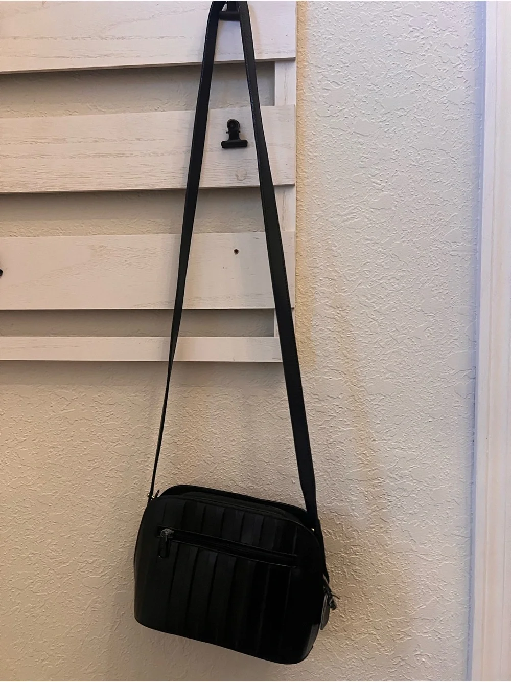 Vintage LAND Genuine Leather Black Crossbody Bag w/ Map Print Lining